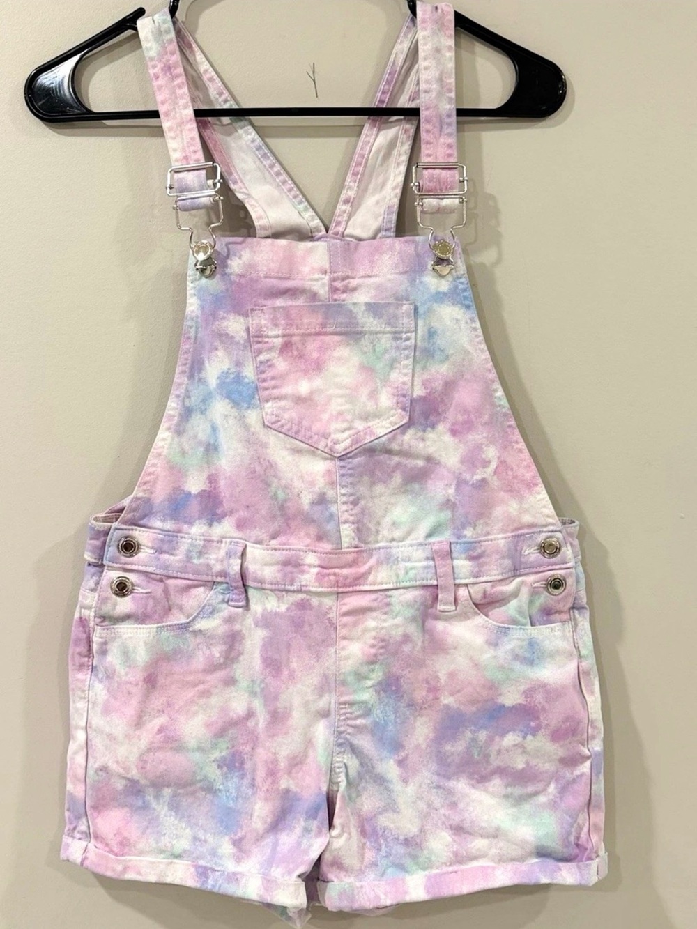SO Pastel Tie-Dye Short Overalls in Pink, Blue, Green
